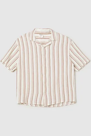 Max Collection Boys Cuban Collar Vertical Striped Cotton Casual Shirt