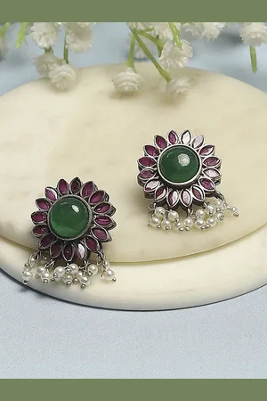 Biba Silver-Plated Artificial Stones Studded and Beaded Floral Shaped Studs