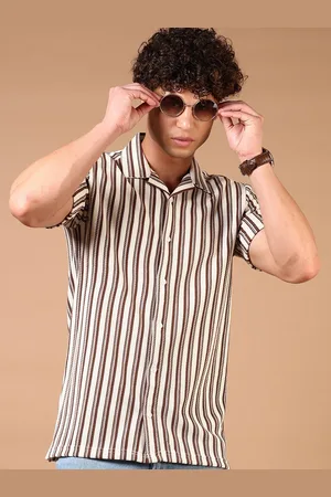 V-Mart Men Slim Fit Cuban Collar Vertical Striped Cotton Casual Shirt