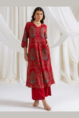 AUTUMN LANE Floral Printed Sequinned V-Neck Pure Cotton A-Line Kurta With Palazzos