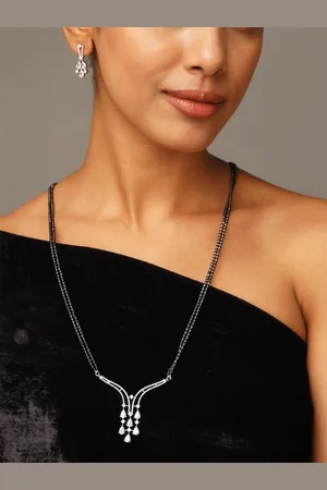ABDESIGNS Silver Plated American Diamond Studded & Beaded Mangalsutra Set