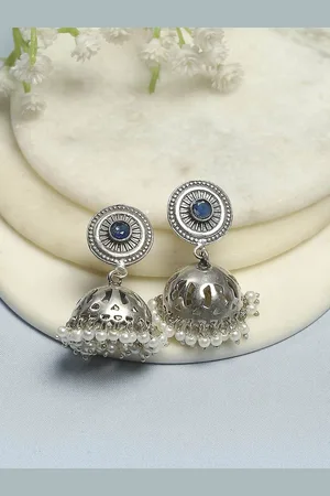 Biba Silver-Plated Artificial Stones Studded And Beaded Dome Shaped Oxidised Jhumkas