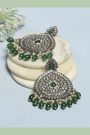 Biba Gold-Plated Artificial Stones Studded & Beaded Contemporary Shaped Drop Earrings