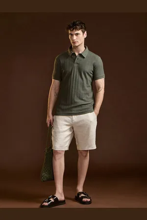 The Bear House Men Regular Fit Self Design Polo Collar Cotton T-shirt
