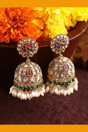 Priyaasi Gold-Plated Stone Studded & Pearls Beaded Dome Shaped Jhumkas