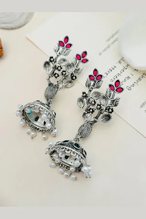 ABDESIGNS Silver-Plated Artificial Beads and Stones Dome Shaped Jhumkas Earrings