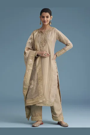 KALKI Fashion Floral Embroidered Sequinned Tissue Straight Kurta With Trousers & Dupatta