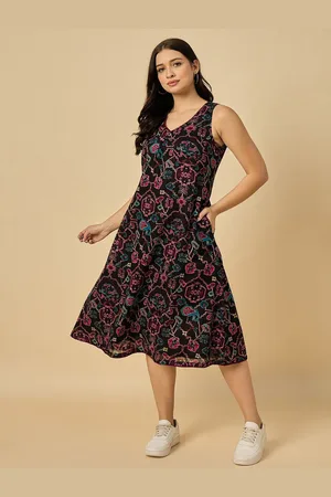Azira Women Black Printed V-Neck A-Line Midi Dress