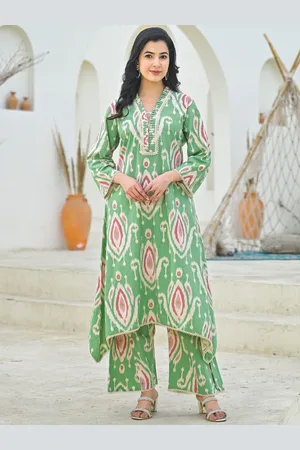 AUTUMN LANE Ethnic Motifs Printed V-Neck Pure Cotton Kurta With Palazzo