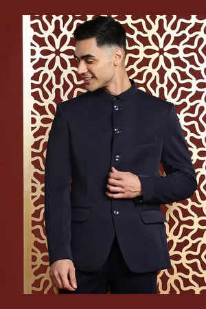 MANQ Mandarin Collar Slim-Fit Bandhgala Single-Breasted Blazer
