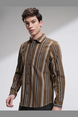 Highlander Men Spread Collar Vertical Striped Cotton Casual Shirt