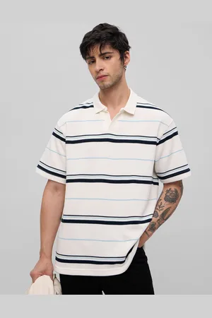 The Souled Store Men Striped Polo Collar Cotton Oversized T-shirt