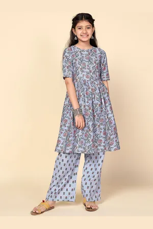Sangria Girls Floral Printed Gathered Kurta & Palazzos