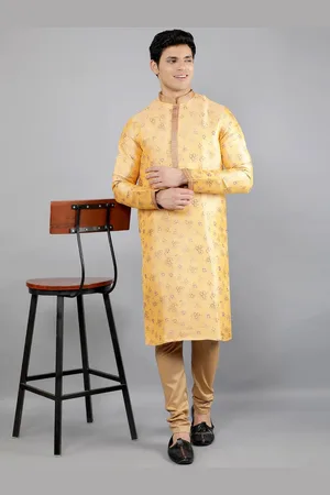 Manish Creations Floral Woven Design Mandarin Collar Jacquard Straight Kurta With Churidar