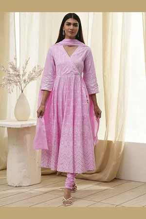 Biba Geometric Printed V-Neck Angrakha Pure Cotton Anarkali Kurta With Leggings & Dupatta
