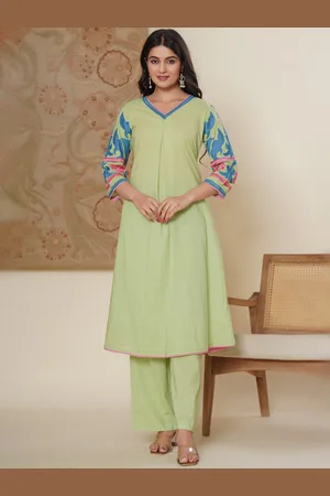 AUTUMN LANE Floral Embroidered V-Neck Pure Cotton Kurta With Palazzo
