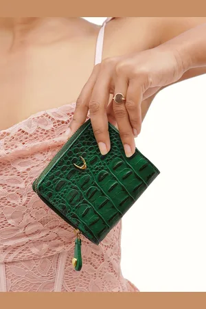Hidesign Green Self Design Leather Zip Around Wallet
