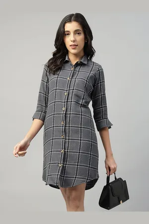 English Navy Women Plaided Checked Pure Cotton Formal Shirt Dress