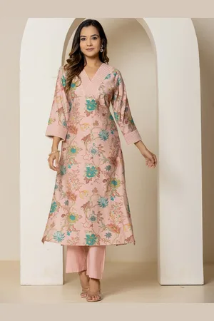 AUTUMN LANE Floral Printed V-Neck Pure Cotton Straight Kurta With Trousers