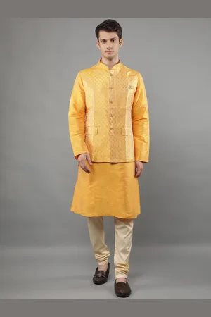 Manish Creations Mandarin Collar Kurta With Churidar And Nehru Jacket