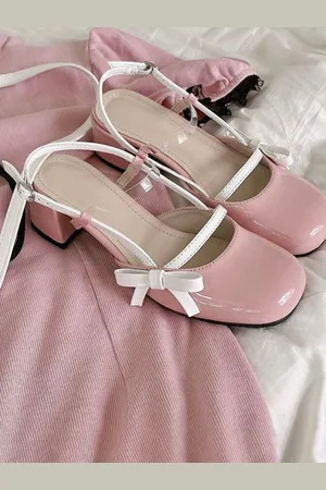 Street Style Store Square Toe Bows detailed Block heel Mary Janes