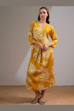 JISORA Women Yellow Printed Russian Silk Dress