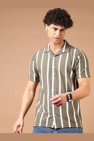 V-Mart Men Cuban Collar Vertical Striped Cotton Casual Shirt
