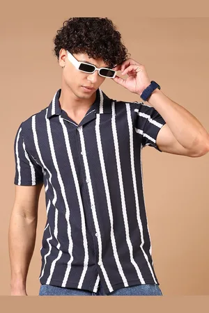 V-Mart Men Cuban Collar Vertical Striped Cotton Casual Shirt