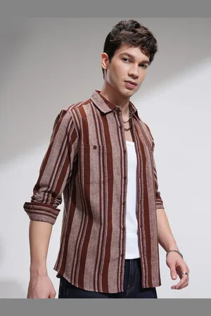 Highlander Men Spread Collar Vertical Striped Cotton Casual Shirt