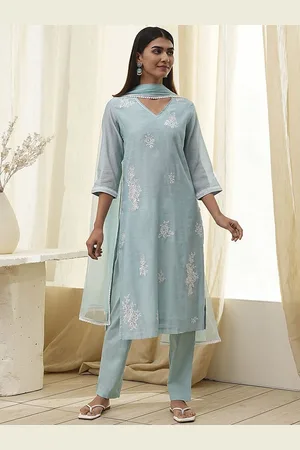 Biba Floral Embroidered V-Neck Thread Work Straight Kurta With Trousers & Dupatta