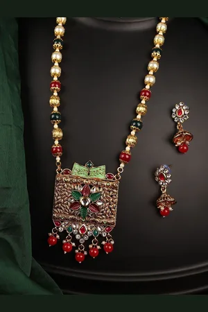 Anouk Gold-Plated Kundan And Artificial Beaded Meenakari Jewellery Set