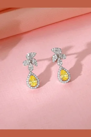 GIVA Rhodium Plated 925 Sterling Silver Zircon Studded The Fleur Drop Earrings