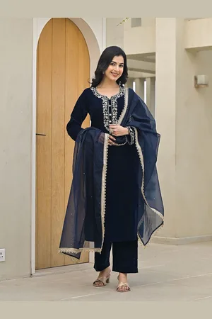 Divena World Embroidered Notch Neck Velvet Straight Kurta With Trouser & Dupatta