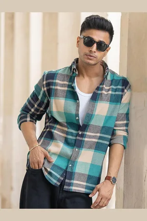 Powerlook Men Button-Down Collar Tartan Checked Cotton Casual Shirt