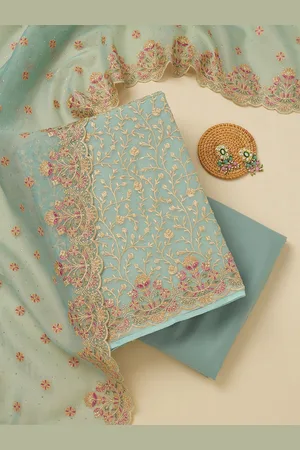 Koskii Floral Embroidered Organza Unstitched Dress Material