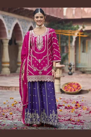 AUTUMN LANE Floral Embroidered Sequinned Straight Kurta With Palazzos And Dupatta