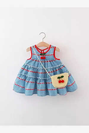 LULU & SKY Girls Checked Round Neck Cotton Fit & Flare Dress with a Bag