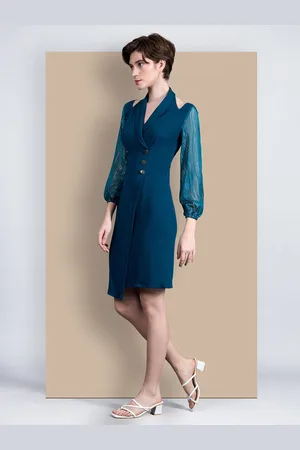 Chemistry Women Shawl Collar Bishop Sleeves Solid Double Breasted Knee Length Work wear Dress
