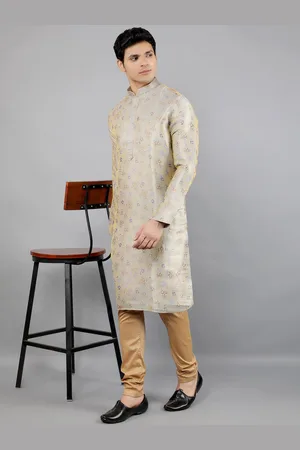Manish Creations Floral Woven Design Mandarin Collar Jacquard Straight Kurta With Churidar