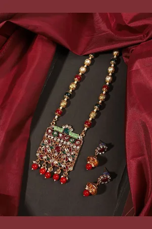 Anouk Red Gold-Plate Crystals Stones Studded And Kundan Beaded Jewellery Set