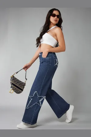 DOLCE CRUDO Women Wide Leg High-Rise Mildly Distressed Light Fade Stretchable Jeans
