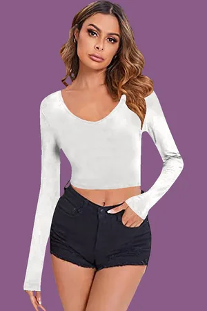 Dream Beauty Fashion Women Scoop Neck Long Sleeve Crop Fitted Top