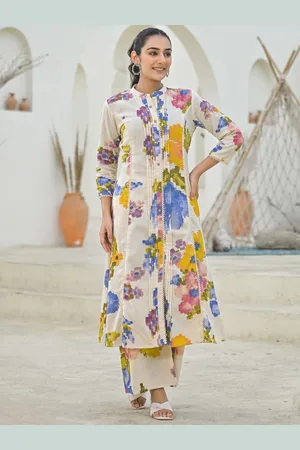 AUTUMN LANE Printed Mandarin Collar Pure Cotton Tunic With Trouser