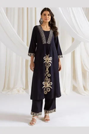 AUTUMN LANE Floral Embroidered Sequinned V-Neck Pure Cotton Kurta With Trouser