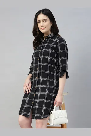 English Navy Women Pure Cotton Checked Formal Shirt Dress
