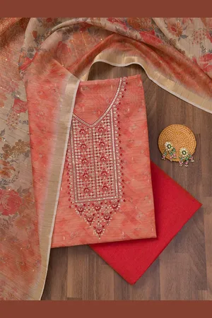 Koskii Ethnic Motifs Embroidered Sequinned Raw Silk Unstitched Dress Material