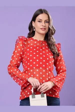 Moda Rapido Polka Dot Print Keyhole Neck Bell Sleeve Georgette Tube Top