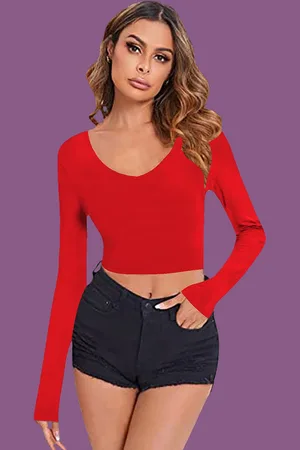 Dream Beauty Fashion Women Solid V-Neck Long Sleeves Crop Fitted Top