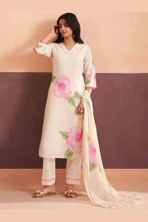 AUTUMN LANE Floral Printed V-Neck Pure Cotton Straight Kurta With Trousers And Dupatta