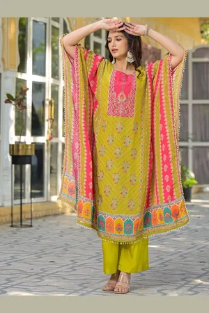 AUTUMN LANE Floral Printed Bead & Stone Work Kaftan Kurta With Trousers